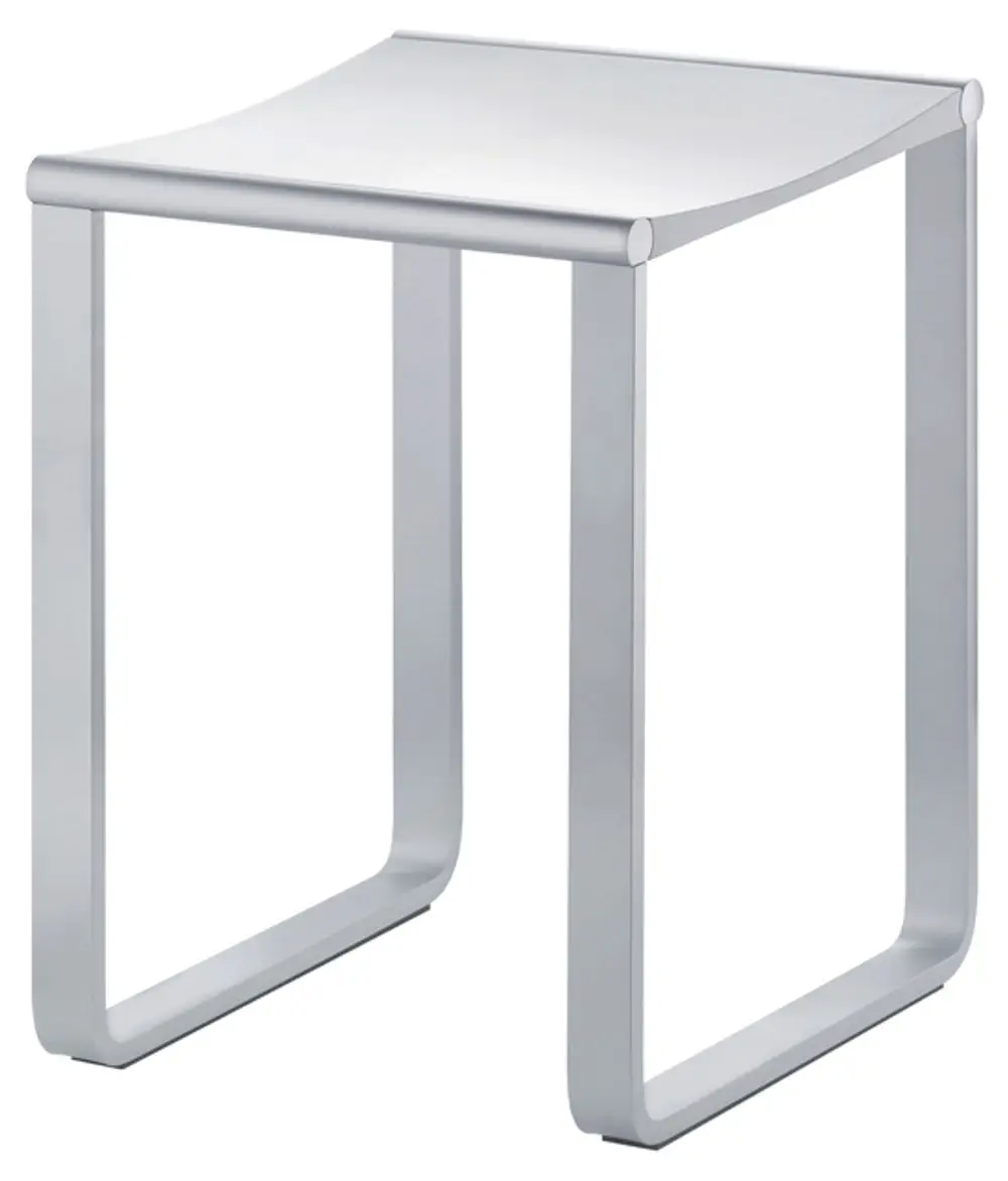 Silber-eloxierter Hocker aus Aluminium mit schwarzgrauen Elementen. Minimalistisches Design, geeignet für verschiedene Innenräume. Hergestellt von Keuco.